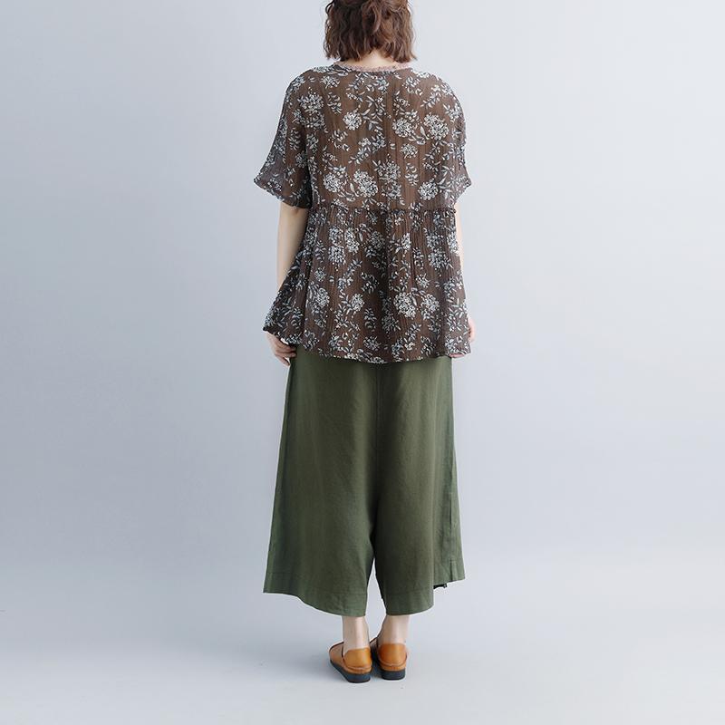 Neue Leinenoberteile in Übergröße, Rundhalsausschnitt, lässige Sommerbluse mit kurzen Ärmeln und Blumenmuster