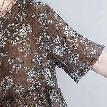 Neue Leinenoberteile in Übergröße, Rundhalsausschnitt, lässige Sommerbluse mit kurzen Ärmeln und Blumenmuster
