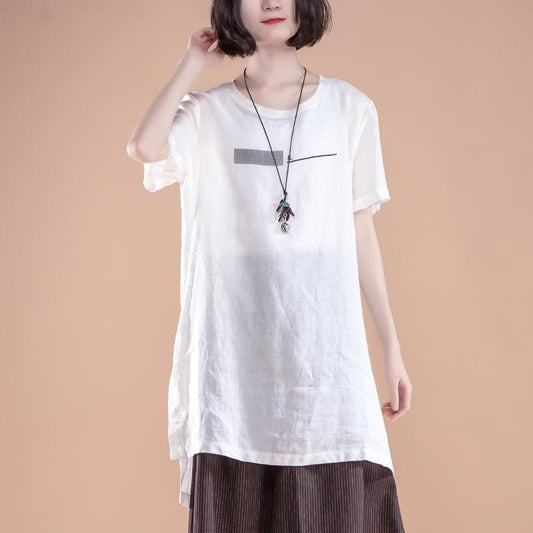 Neue Leinenoberteile in Übergrößen Kurzarmschlitz Sommer Casual Weiß Damenoberteile