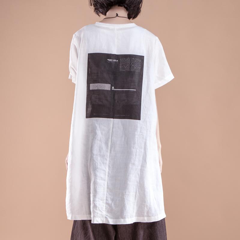 Neue Leinenoberteile in Übergrößen Kurzarmschlitz Sommer Casual Weiß Damenoberteile