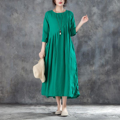 Neues langes Leinenkleid Locker sitzendes Leinen Rundhals Dreiviertelärmel Grünes Plisseekleid