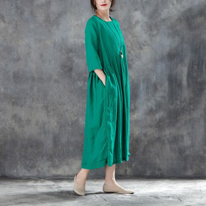 Neues langes Leinenkleid Locker sitzendes Leinen Rundhals Dreiviertelärmel Grünes Plisseekleid