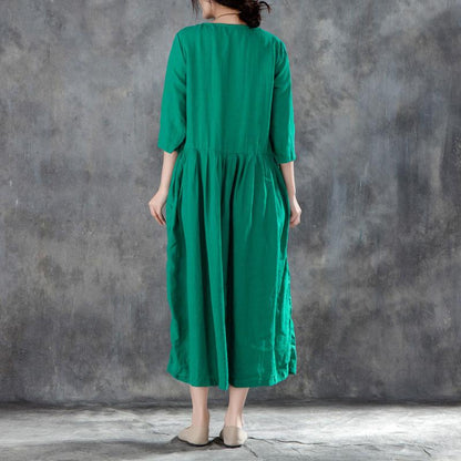 Neues langes Leinenkleid Locker sitzendes Leinen Rundhals Dreiviertelärmel Grünes Plisseekleid