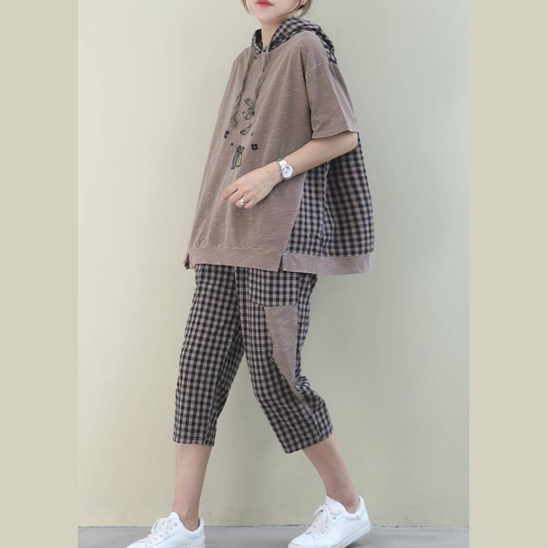 New loose large size embroidery light green plaid stitching casual two pieces - SooLinen