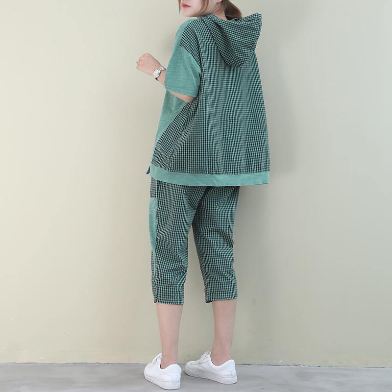 New loose large size embroidery light green plaid stitching casual two pieces - SooLinen