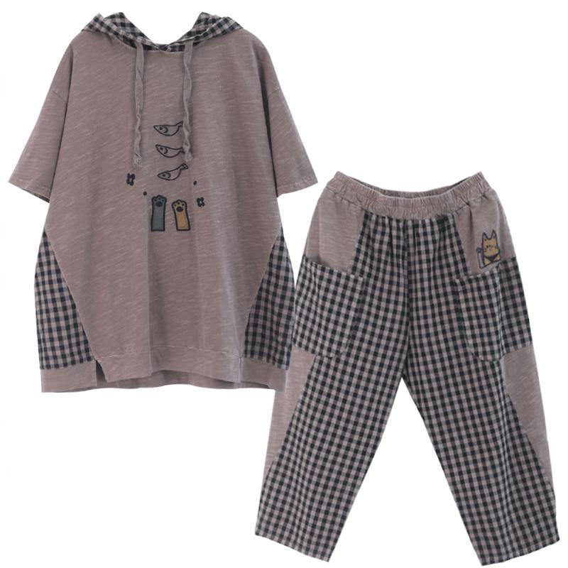 New loose large size embroidery light green plaid stitching casual two pieces - SooLinen