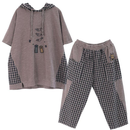 New loose large size embroidery light green plaid stitching casual two pieces - SooLinen