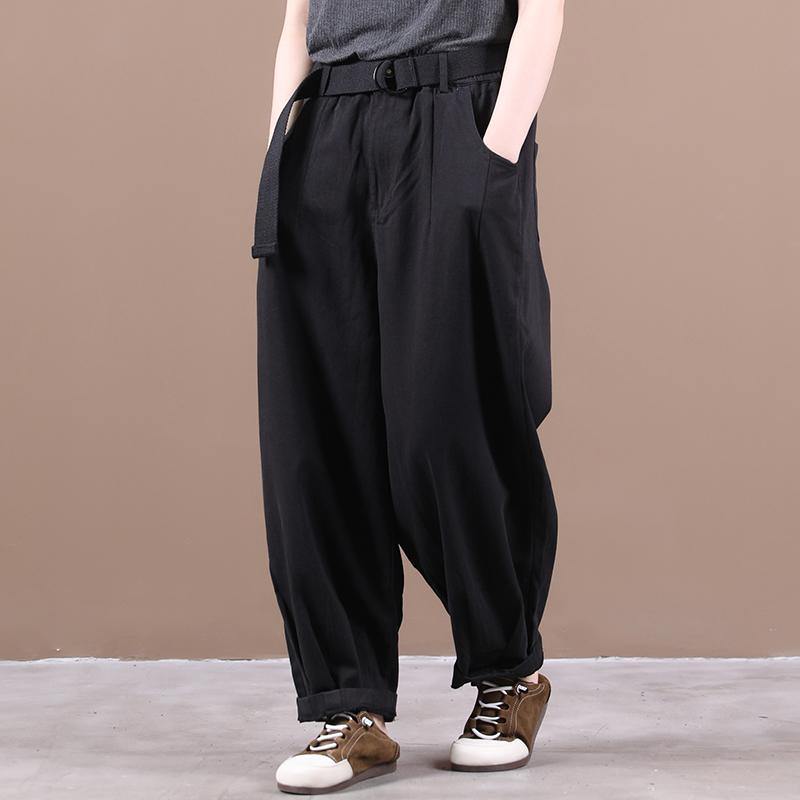 New loose large size literary belt pure black casual pants women - SooLinen