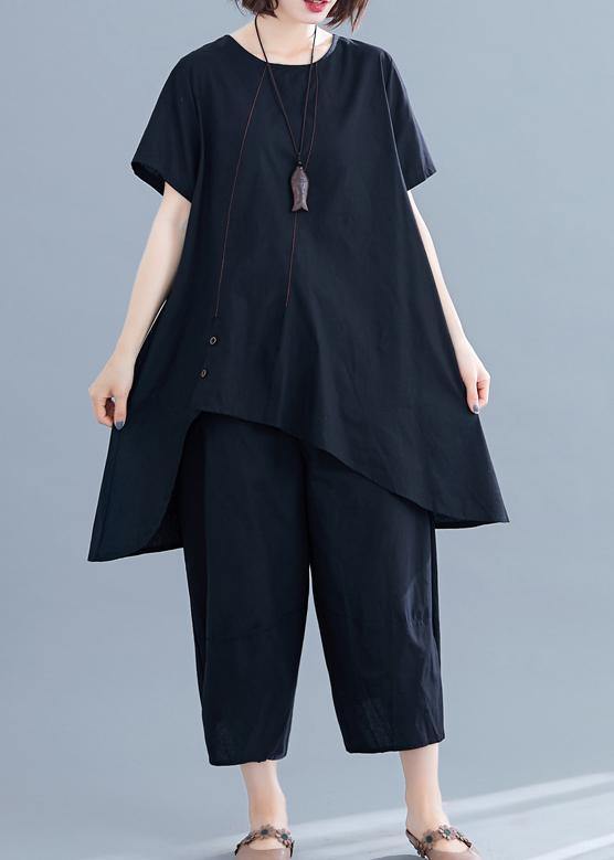 New loose women's fashion black cotton and linen irregular shirt + pants casual suit - SooLinen