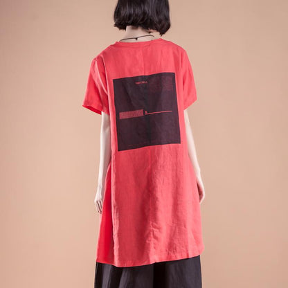 Neues T-Shirt aus natürlichem Leinen in Übergröße, kurzärmelig, Schlitz, Sommer, lässig, rot, Damen-Tops