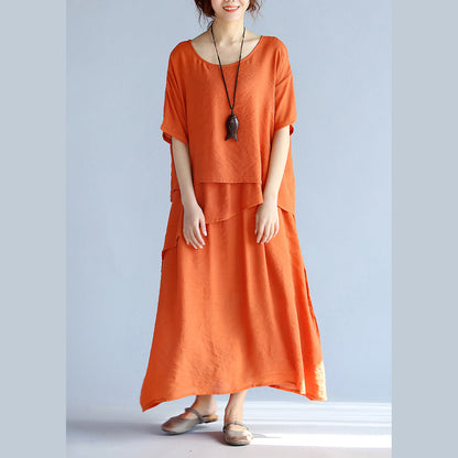 Neue orange lange Leinenkleider Plus Size Kleidung mehrlagige Baumwollkleider Neues kurzärmeliges Leinen-Baumwollkleid