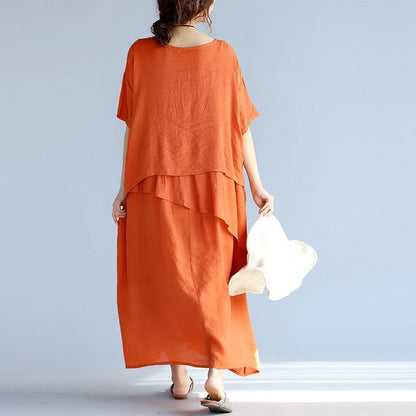 Neue orange lange Leinenkleider Plus Size Kleidung mehrlagige Baumwollkleider Neues kurzärmeliges Leinen-Baumwollkleid