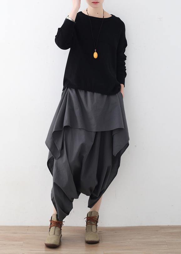 New original design gray literary irregular asymmetric wide-legged casual cropped trousers - SooLinen