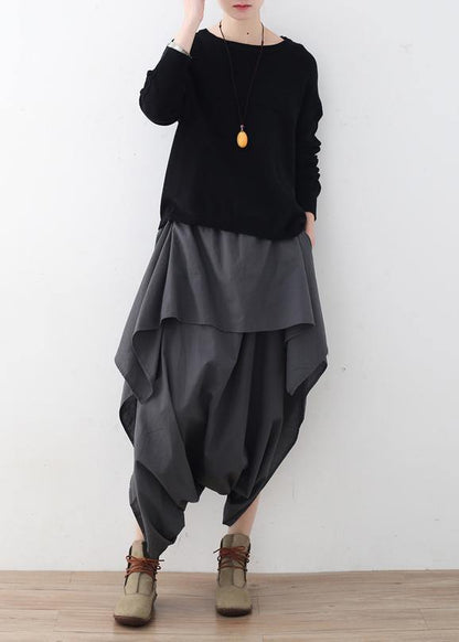 New original design gray literary irregular asymmetric wide-legged casual cropped trousers - SooLinen