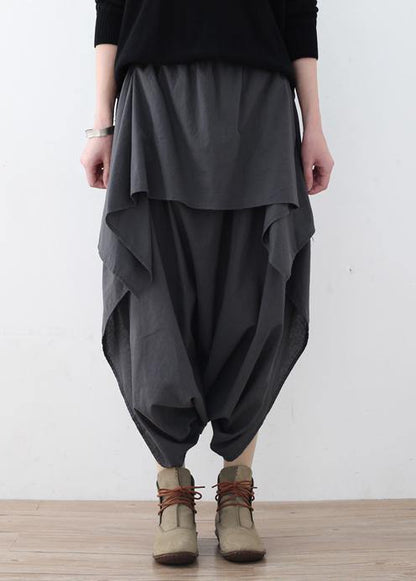 New original design gray literary irregular asymmetric wide-legged casual cropped trousers - SooLinen