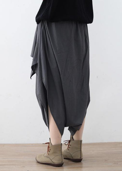 New original design gray literary irregular asymmetric wide-legged casual cropped trousers - SooLinen