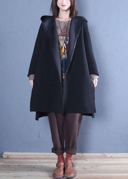 New oversized medium length coat fall black hooded Coats - SooLinen