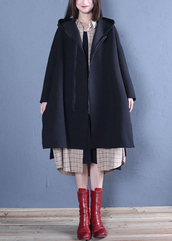 New oversized medium length coat fall black hooded Coats - SooLinen