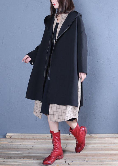 New oversized medium length coat fall black hooded Coats - SooLinen