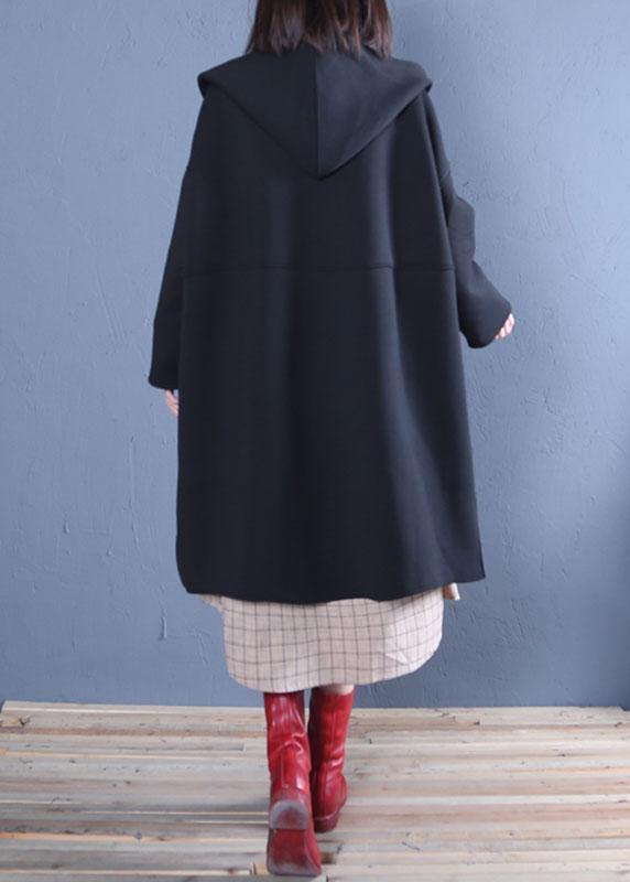 New oversized medium length coat fall black hooded Coats - SooLinen