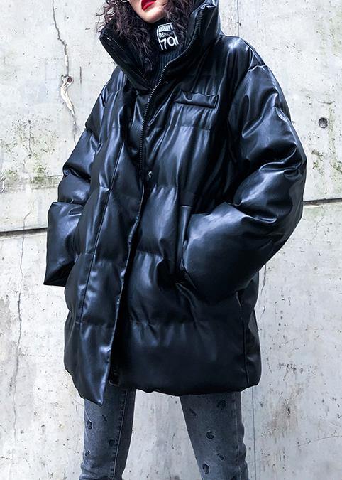 New oversized warm winter coat black high neck Button women parka - SooLinen