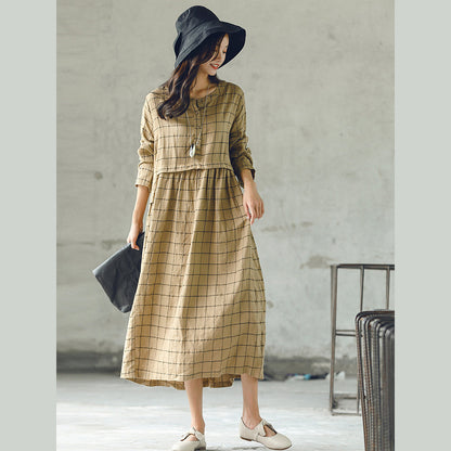 Neues kariertes Herbstkleid 2018 in Übergröße mit O-Ausschnitt und Baggy-Kaftanen, lässige Leinenkleider mit großem Saum