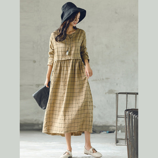 Neues kariertes Herbstkleid 2018 in Übergröße mit O-Ausschnitt und Baggy-Kaftanen, lässige Leinenkleider mit großem Saum