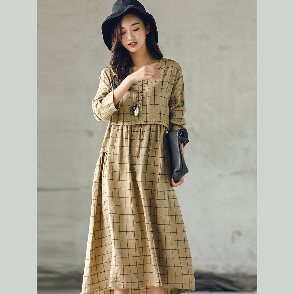 Neues kariertes Herbstkleid 2018 in Übergröße mit O-Ausschnitt und Baggy-Kaftanen, lässige Leinenkleider mit großem Saum