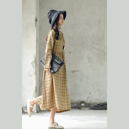 Neues kariertes Herbstkleid 2018 in Übergröße mit O-Ausschnitt und Baggy-Kaftanen, lässige Leinenkleider mit großem Saum
