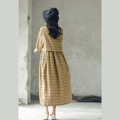 Neues kariertes Herbstkleid 2018 in Übergröße mit O-Ausschnitt und Baggy-Kaftanen, lässige Leinenkleider mit großem Saum