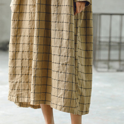 Neues kariertes Herbstkleid 2018 in Übergröße mit O-Ausschnitt und Baggy-Kaftanen, lässige Leinenkleider mit großem Saum