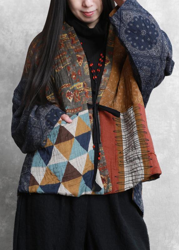 New plus size clothing winter outwear yellow print v neck patchwork Parkas for women - SooLinen