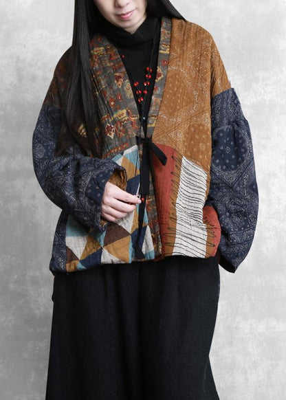 New plus size clothing winter outwear yellow print v neck patchwork Parkas for women - SooLinen