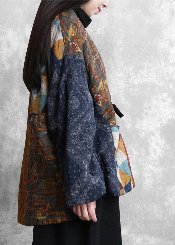 New plus size clothing winter outwear yellow print v neck patchwork Parkas for women - SooLinen