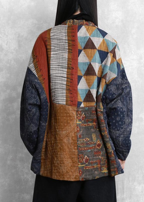 New plus size clothing winter outwear yellow print v neck patchwork Parkas for women - SooLinen