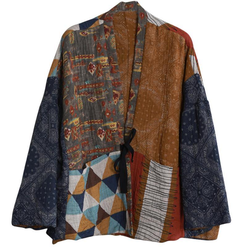 New plus size clothing winter outwear yellow print v neck patchwork Parkas for women - SooLinen