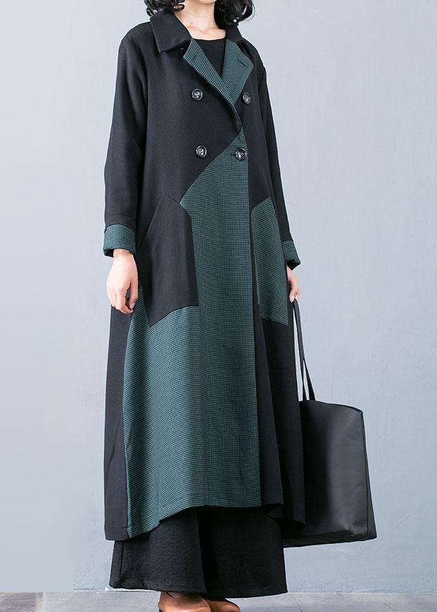New plus size long coat fall jacket green patchwork double breast Coats Women - SooLinen