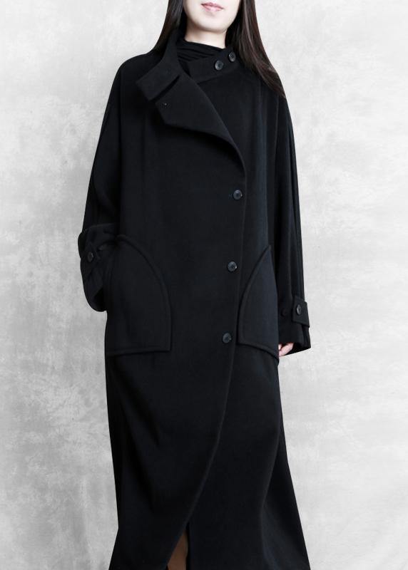 New plus size long winter coat black pockets Button Down Woolen Coats Women - SooLinen