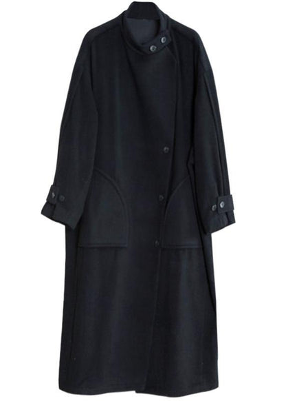 New plus size long winter coat black pockets Button Down Woolen Coats Women - SooLinen