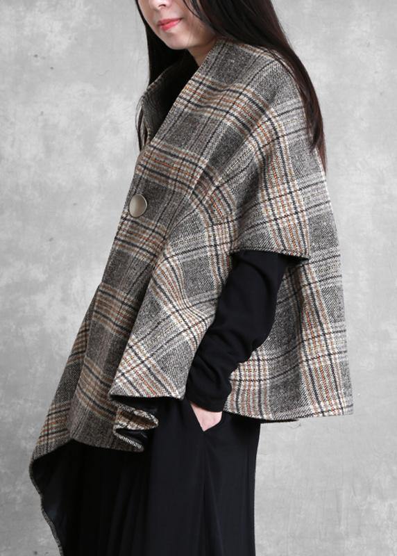 New plus size medium length coat outwear khaki plaid asymmetric Batwing Sleeve Woolen Coats - SooLinen