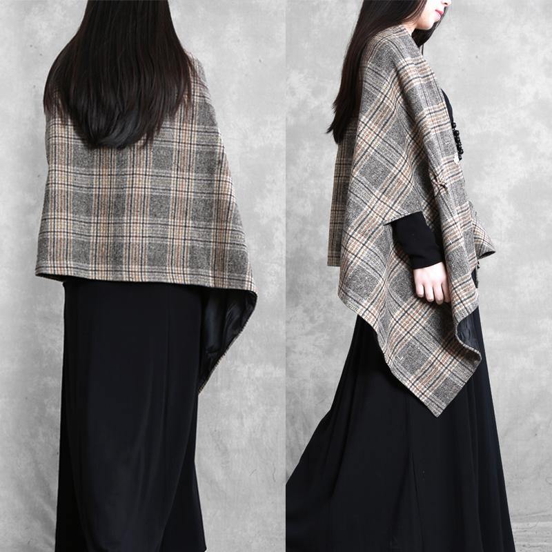 New plus size medium length coat outwear khaki plaid asymmetric Batwing Sleeve Woolen Coats - SooLinen