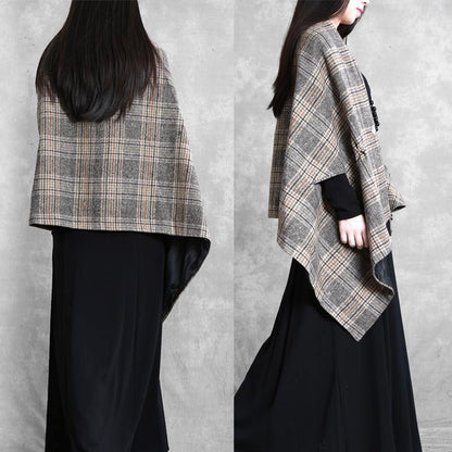 New plus size medium length coat outwear khaki plaid asymmetric Batwing Sleeve Woolen Coats - SooLinen