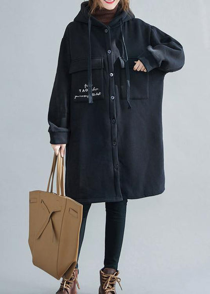 New plus size snow coats black embroidery hooded pockets casual outfit - SooLinen