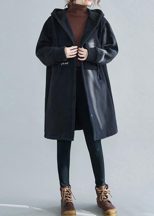 New plus size snow coats black embroidery hooded pockets casual outfit - SooLinen