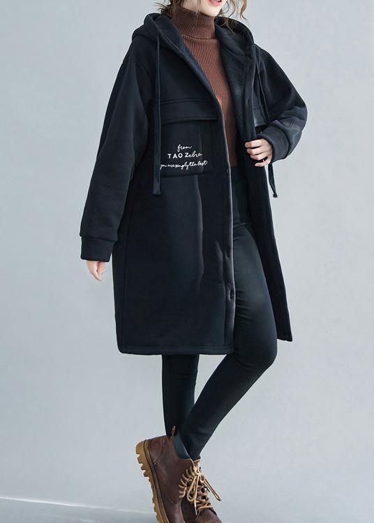 New plus size snow coats black embroidery hooded pockets casual outfit - SooLinen