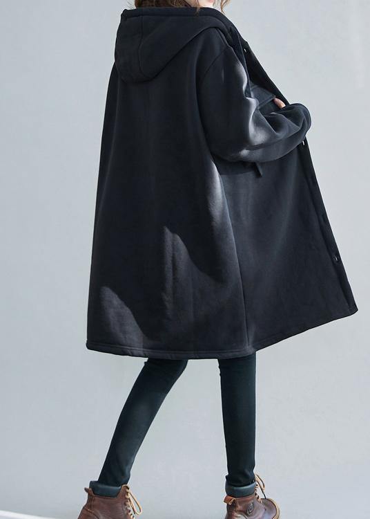 New plus size snow coats black embroidery hooded pockets casual outfit - SooLinen