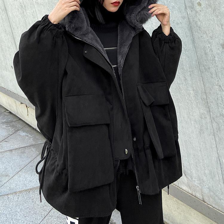 New plus size warm winter coat black hooded faux fur collar casual outfit - SooLinen