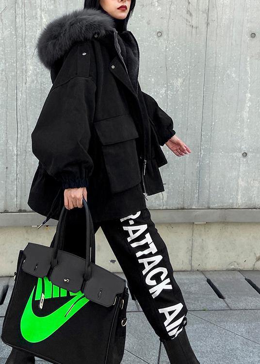 New plus size warm winter coat black hooded faux fur collar casual outfit - SooLinen