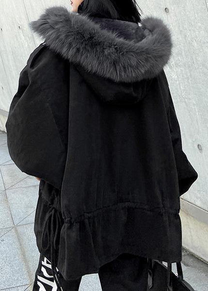 New plus size warm winter coat black hooded faux fur collar casual outfit - SooLinen