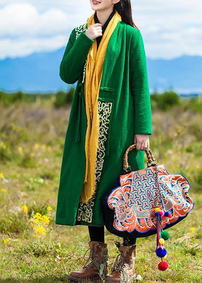 New plus size warm winter coat embroidery outwear green winter overcoat - SooLinen